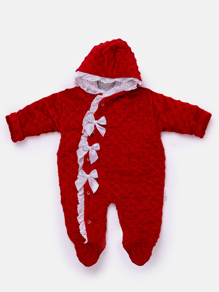 Baby Girl Bubble Hooded Pramsuit with Booties - Red