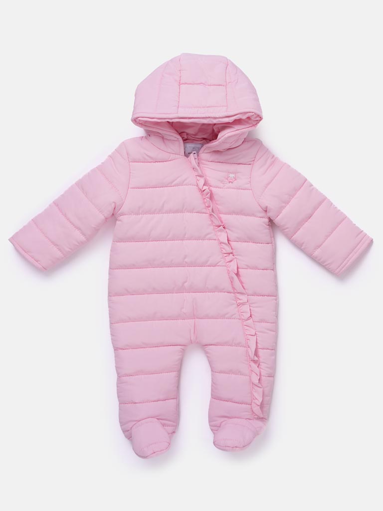 Baby Girl Ruffle Trim Hood Snowsuit Amore - Baby Pink