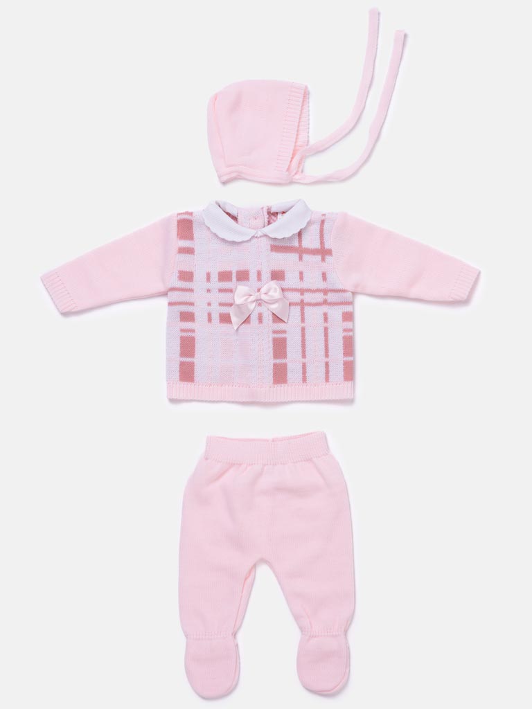 Baby Girl 3-piece Check Knit Gift Box Set - Baby Pink