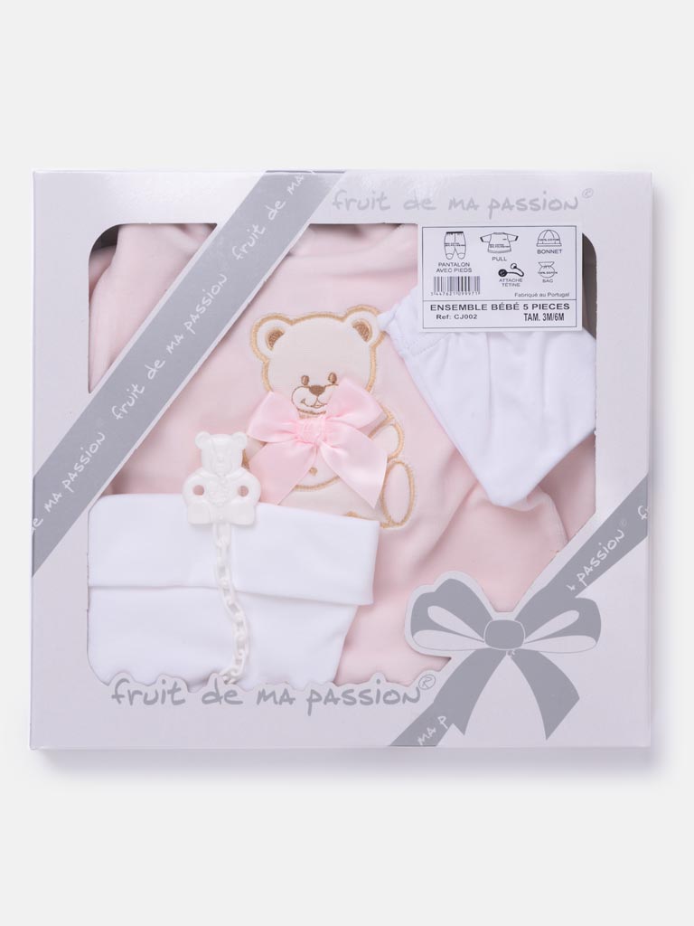 Baby Girl 5-piece Teddy Gift Box Set - Light Baby Pink