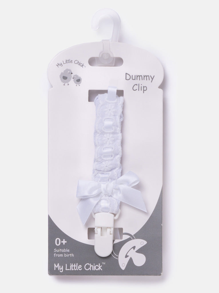 Baby Spanish Dummy Clip Lace Elastic Band & Bow - White