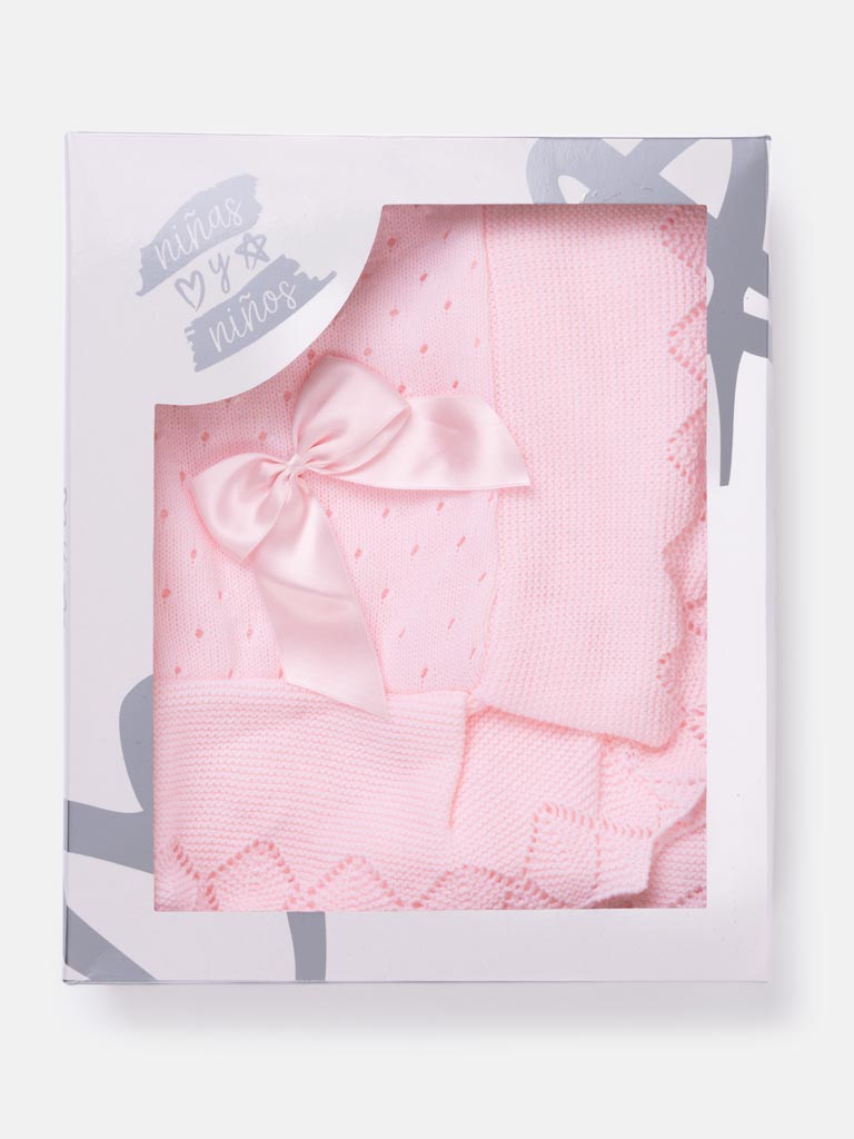 Baby Spanish Deluxe Knitted Shawl with Satin Bow - Baby Pink