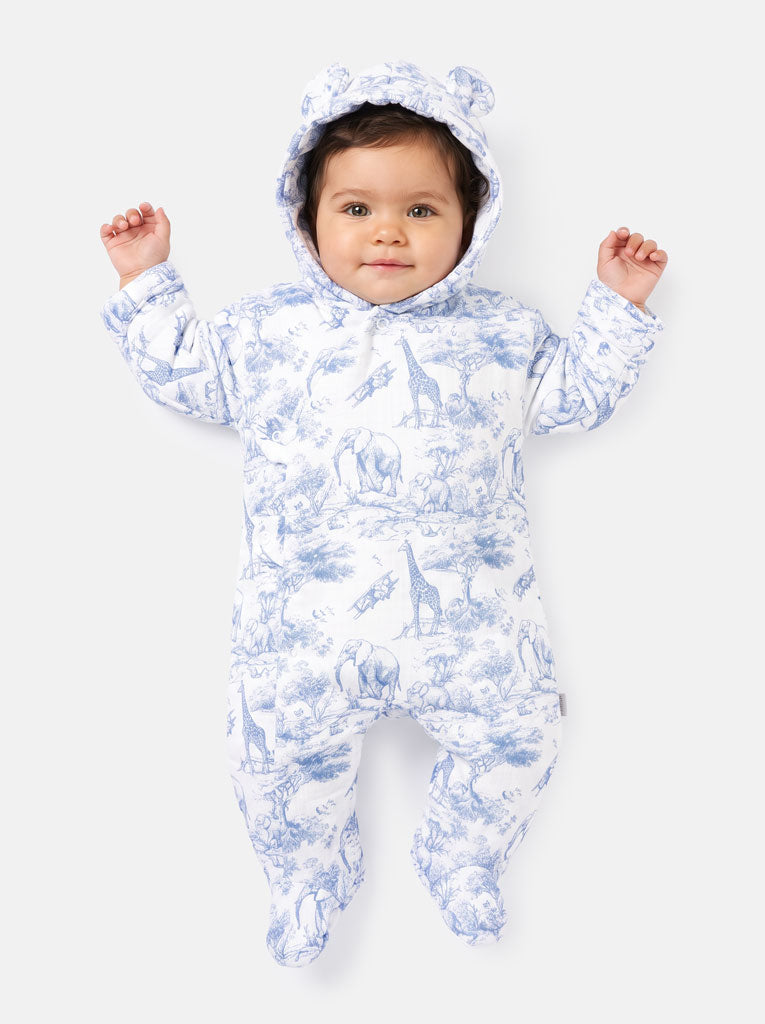 Baby Safari Collection Hooded Footed Pramsuit with Ears - Blue