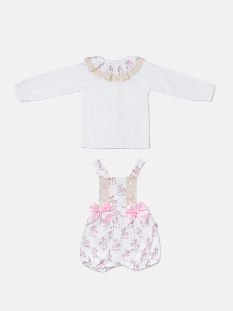 Baby Girl 2-piece Romper Set with Long Sleeves - Rocking Horse Collection - Baby Pink
