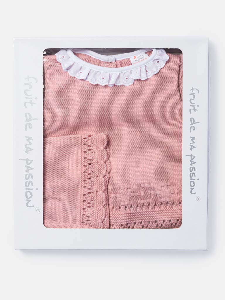 Baby Girl 3-Piece Knitted Lace Frill Collar Gift Box Set - Dusty Pink