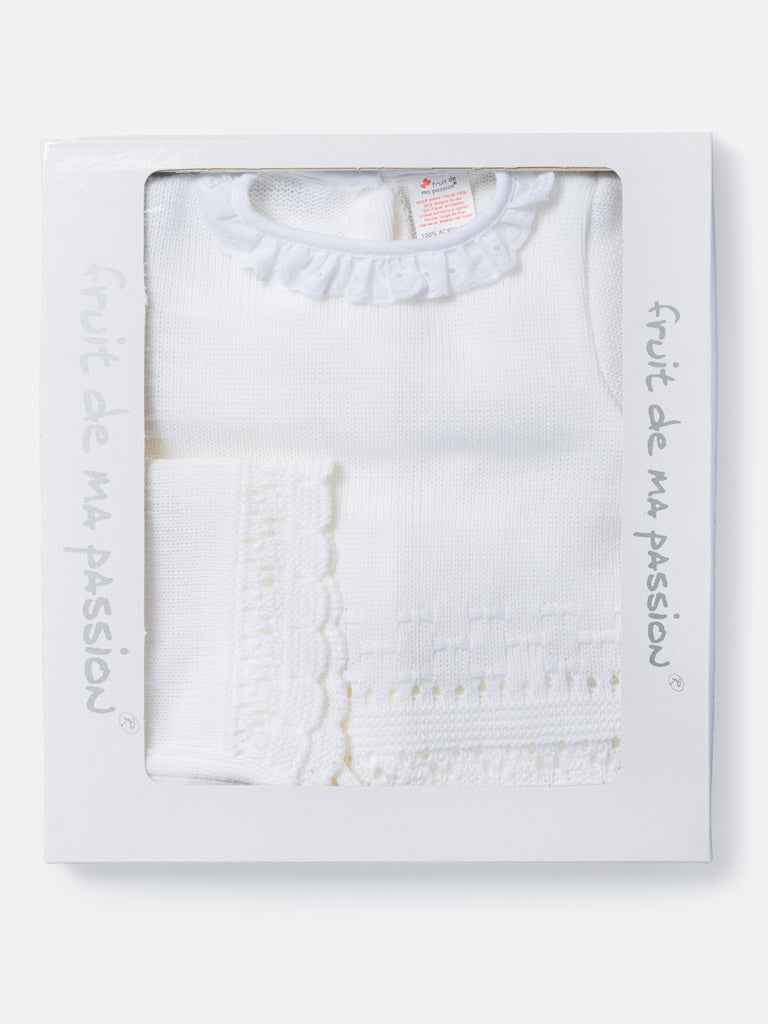 Baby Girl 3-Piece Knitted Lace Frill Collar Gift Box Set - White