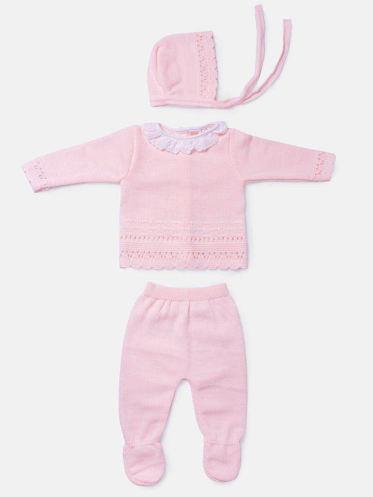 Baby Girl 3-Piece Knitted Lace Frill Collar Gift Box Set - Baby Pink