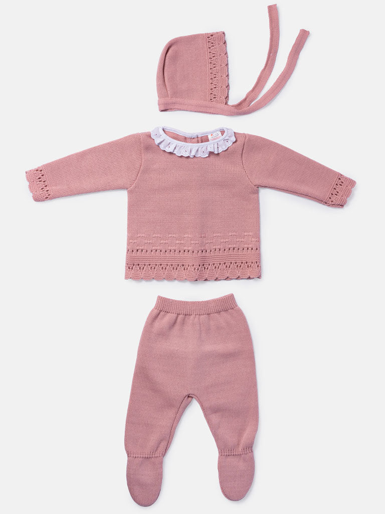 Baby Girl 3-Piece Knitted Lace Frill Collar Gift Box Set - Dusty Pink