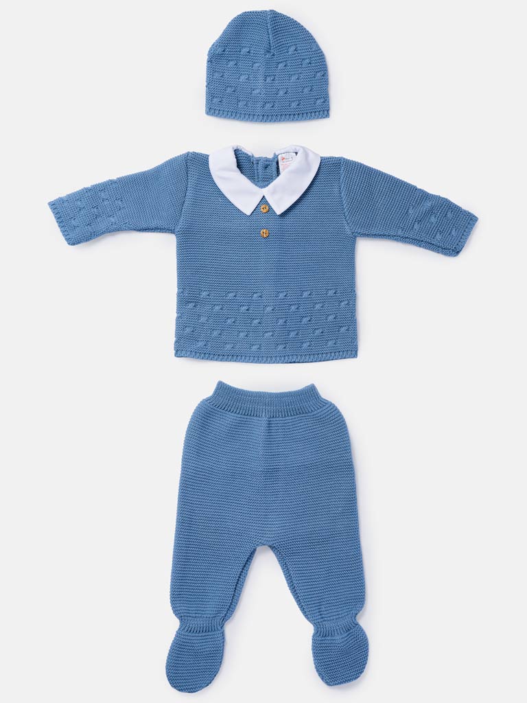 Baby Boy 3-Piece Knitted Shirt Collar Gift Box Set - Blue