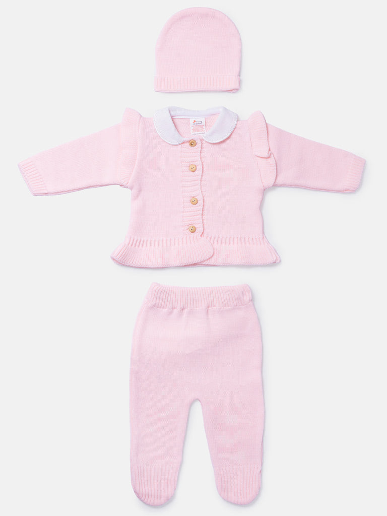 Baby Girl 3-Piece Knitted Set with Ruffled Hem - Baby Pink