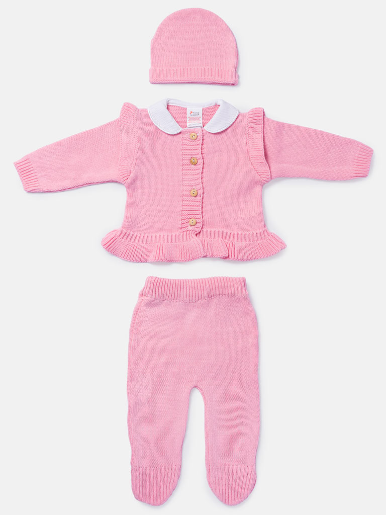 Baby Girl 3-Piece Knitted Set with Ruffled Hem - Rose Pink