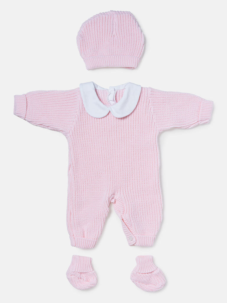 Baby 3-Piece Knitted Set All-In-One with Hat & Booties - Baby Pink
