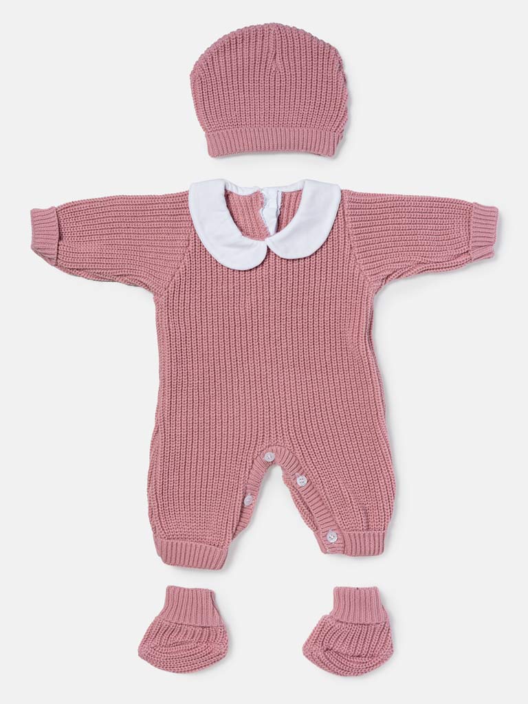 Baby 3-Piece Knitted Set All-In-One with Hat & Booties - Dusty Pink