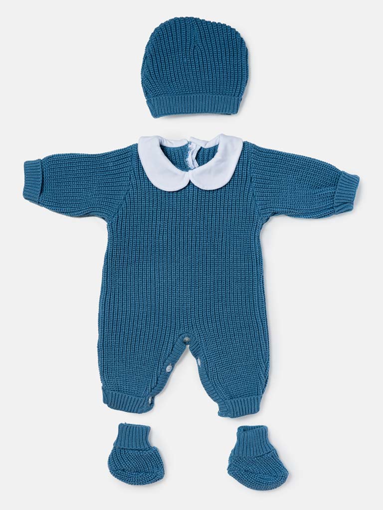 Baby 3-Piece Knitted Set All-In-One with Hat & Booties - Blue