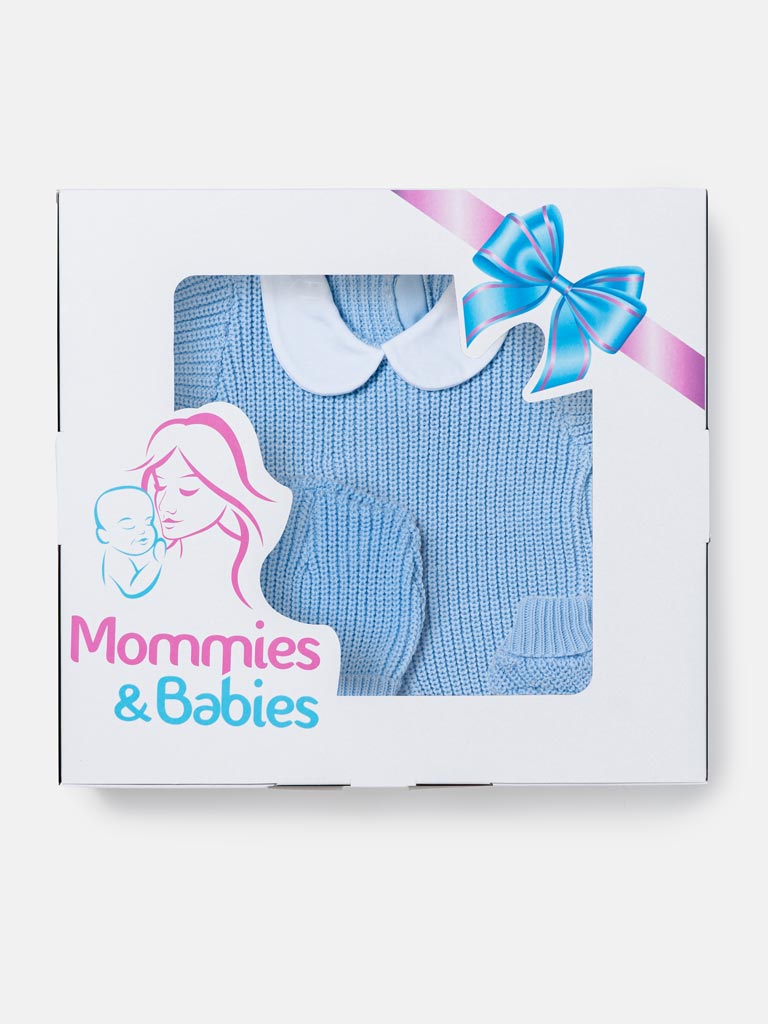 Baby 3-Piece Knitted Set All-In-One with Hat & Booties - Baby Blue