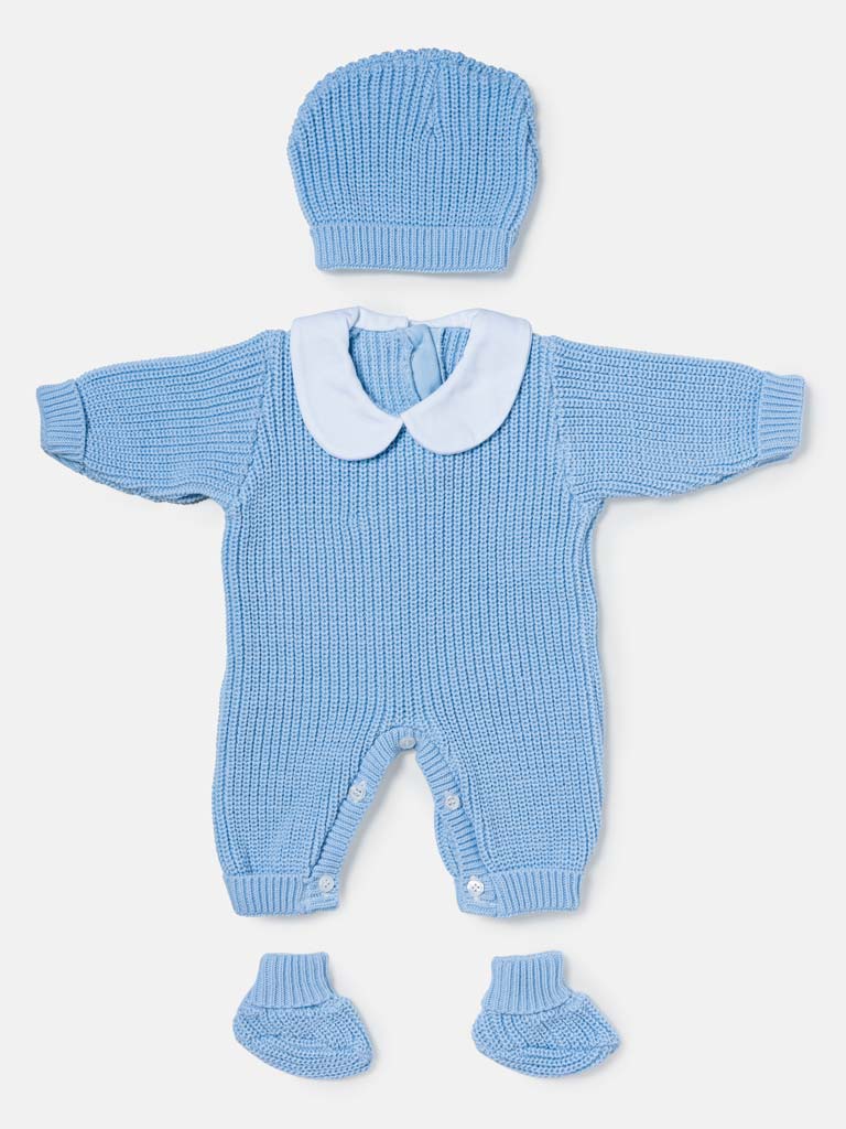 Baby 3-Piece Knitted Set All-In-One with Hat & Booties - Baby Blue