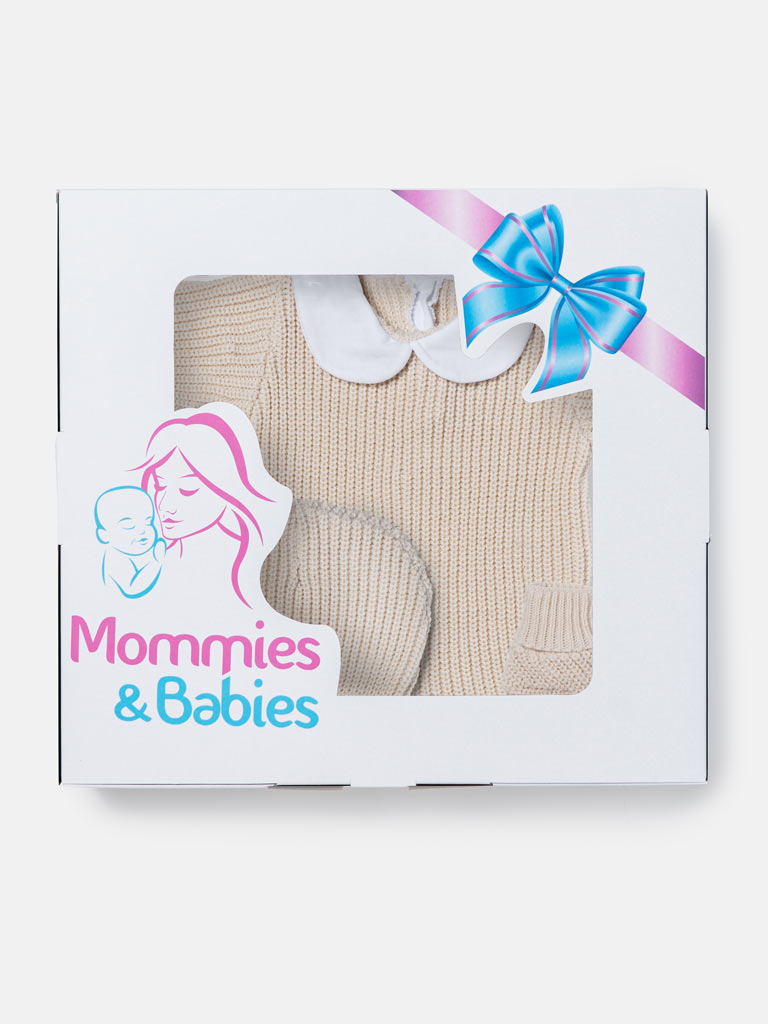 Baby 3-Piece Knitted Set All-In-One with Hat & Booties - Beige