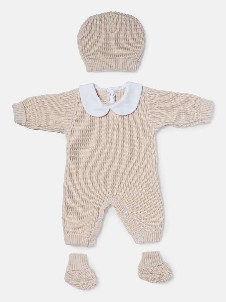 Baby 3-Piece Knitted Set All-In-One with Hat & Booties - Beige