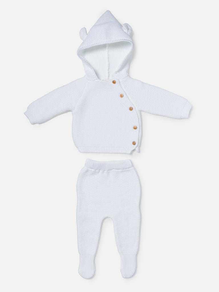 Baby 2-Piece Knitted Set with Hooded Top & Footed Trousers - White