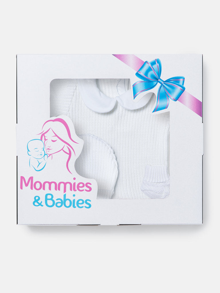 Baby 3-Piece Knitted Set All-In-One with Hat & Booties - White