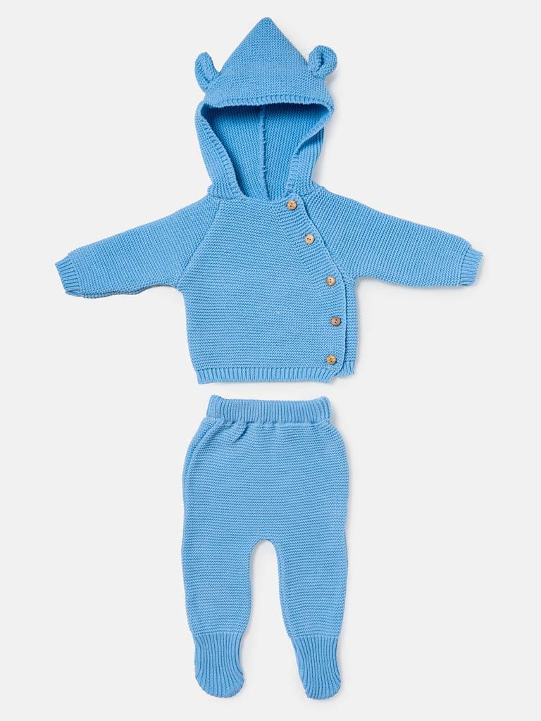 Baby 2-Piece Knitted Set with Hooded Top & Footed Trousers - Blue