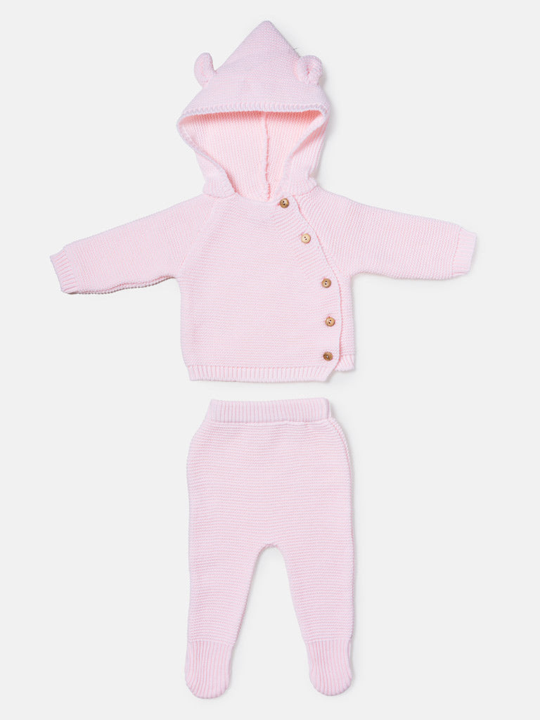 Baby 2-Piece Knitted Set with Hooded Top & Footed Trousers - Baby Pink