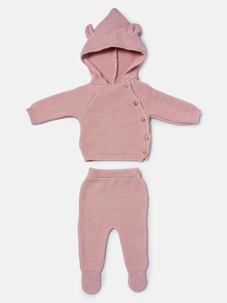 Baby 2-Piece Knitted Set with Hooded Top & Footed Trousers - Dusty Pink