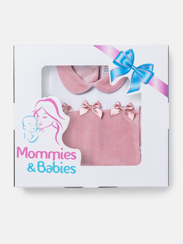 Baby Girl Bow & Mouse Appliqué Half Knit Sleepsuit - Dusty Pink