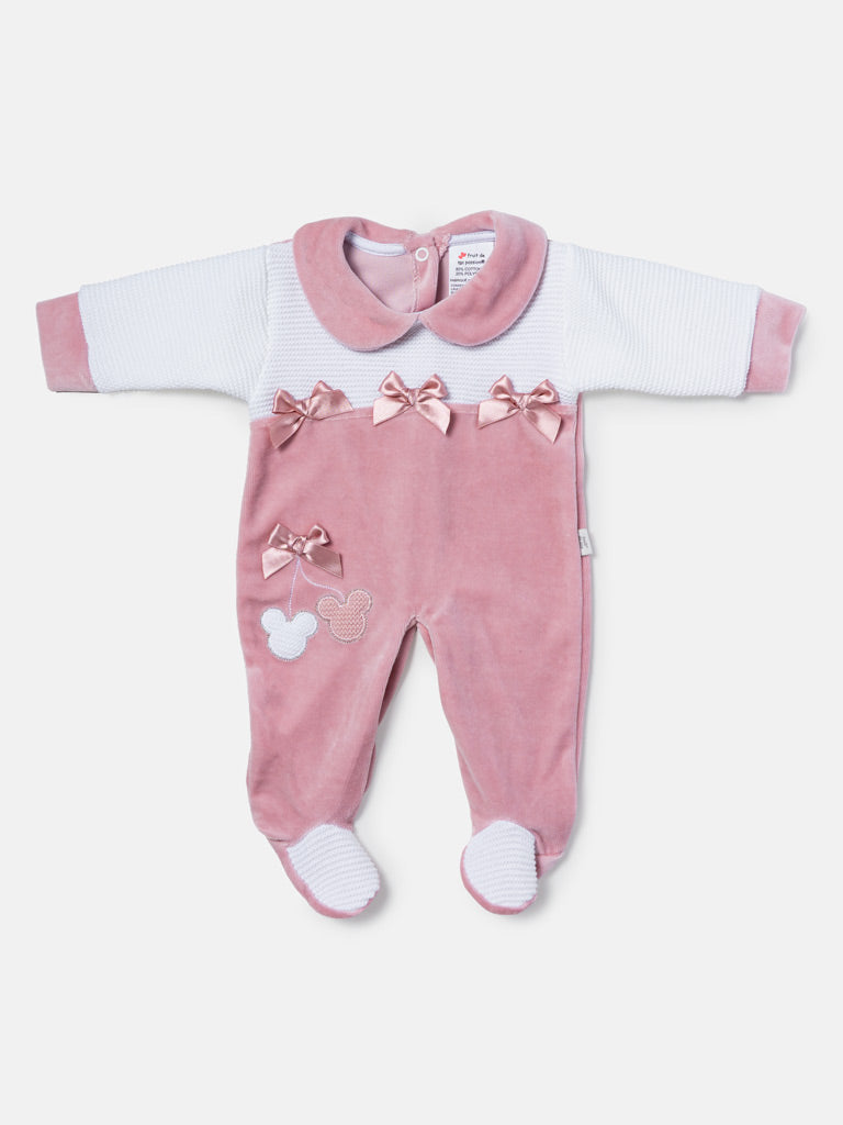 Baby Girl Bow & Mouse Appliqué Half Knit Sleepsuit - Dusty Pink
