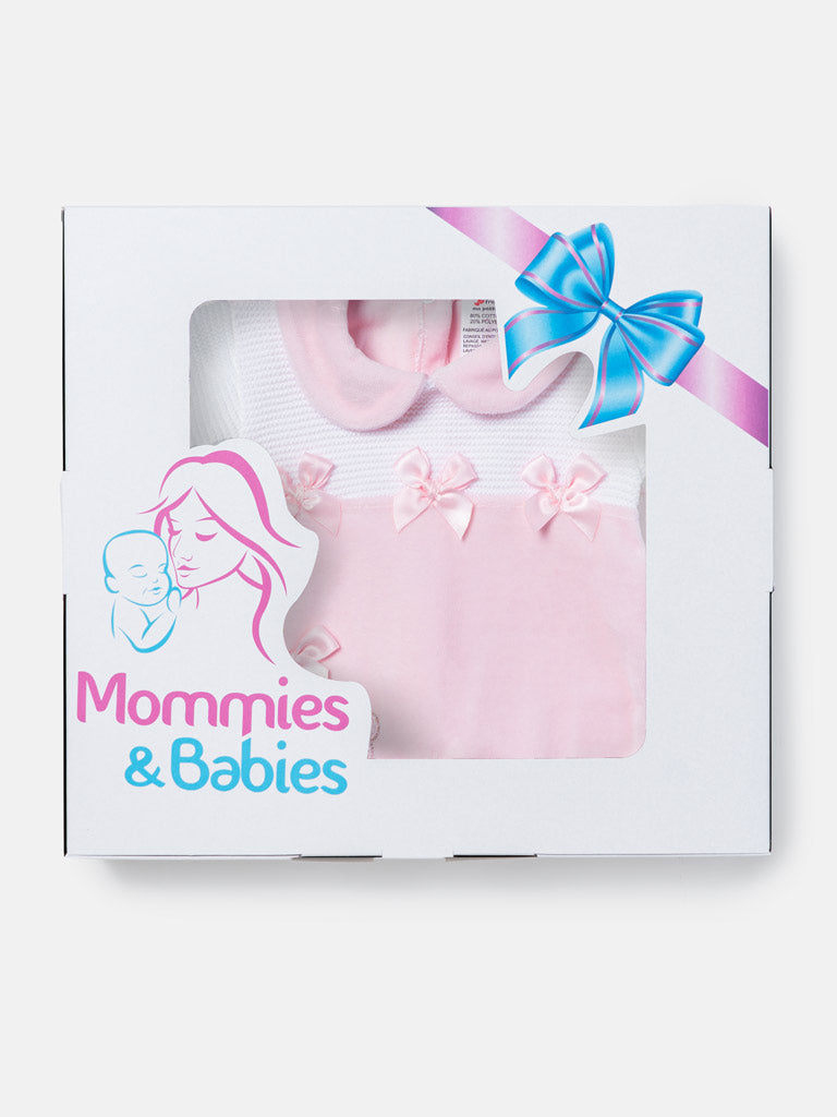 Baby Girl Bow & Mouse Appliqué Half Knit Sleepsuit - Baby Pink