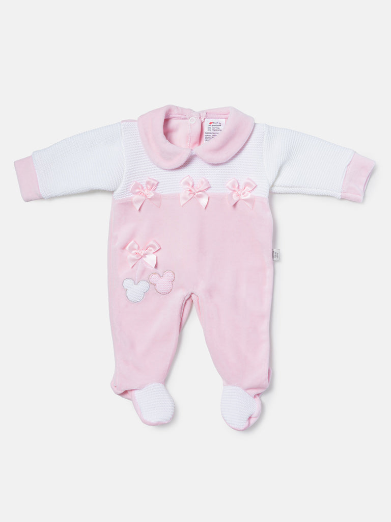 Baby Girl Bow & Mouse Appliqué Half Knit Sleepsuit - Baby Pink