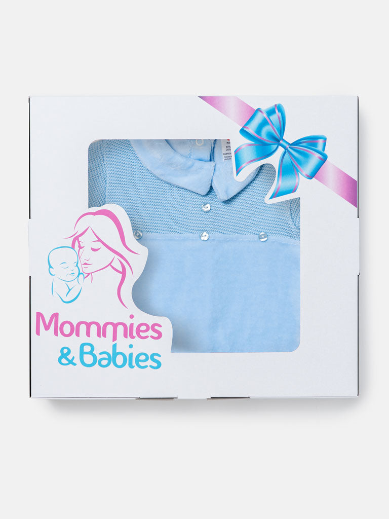 Baby Boy Button & Mouse Appliqué Half Knit Sleepsuit - Blue