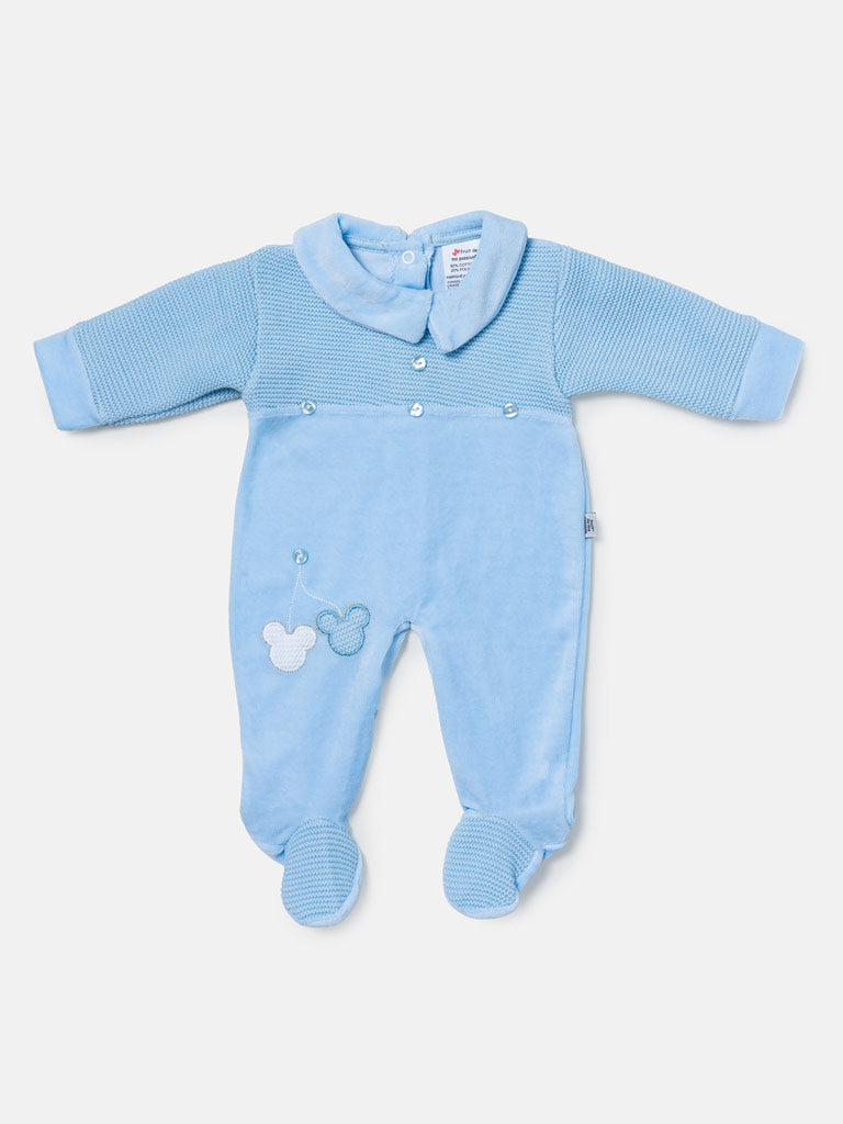 Baby Boy Button & Mouse Appliqué Half Knit Sleepsuit - Blue