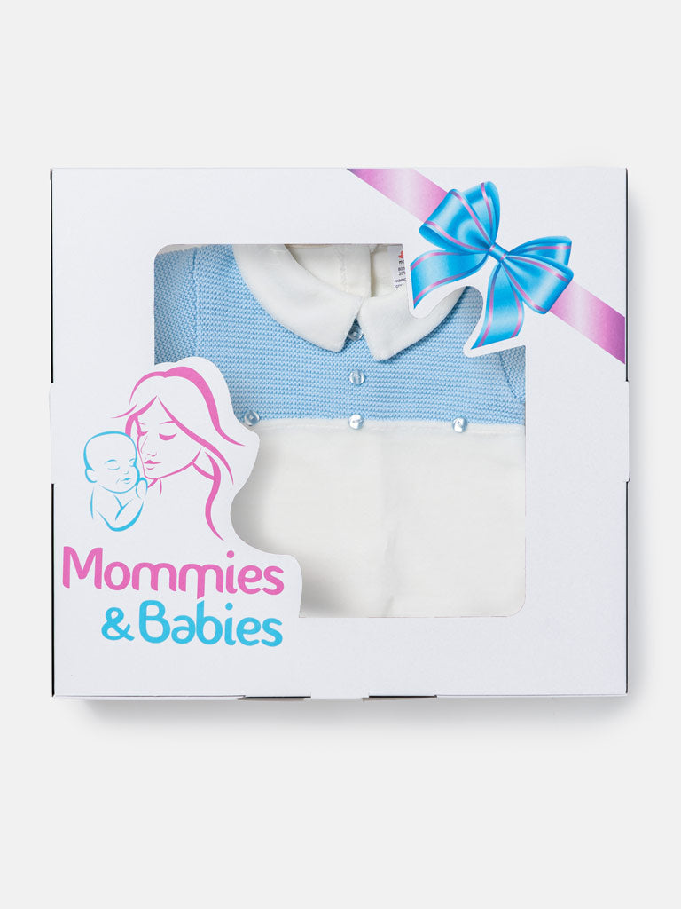 Baby Boy Button & Mouse Appliqué Half Knit Sleepsuit - Blue & Ivory