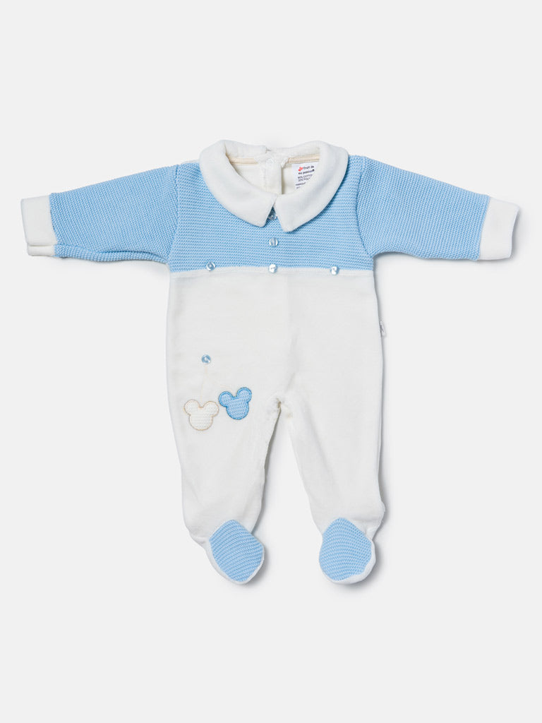 Baby Boy Button & Mouse Appliqué Half Knit Sleepsuit - Blue & Ivory
