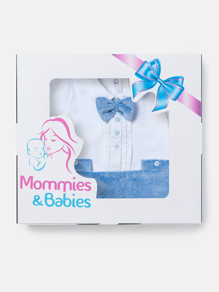 Baby Boy Bow Tie Tuxedo Velour Sleepsuit - White & Blue