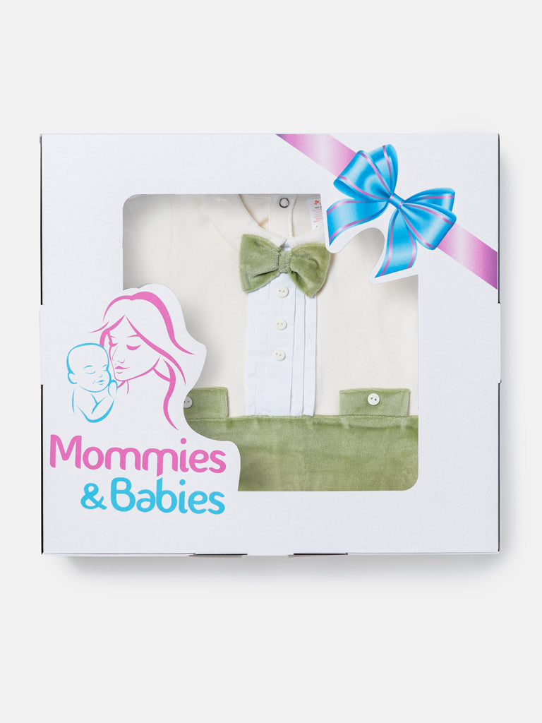 Baby Boy Bow Tie Tuxedo Velour Sleepsuit - Ivory & Green