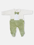 Baby Boy Bow Tie Tuxedo Velour Sleepsuit - Ivory & Green