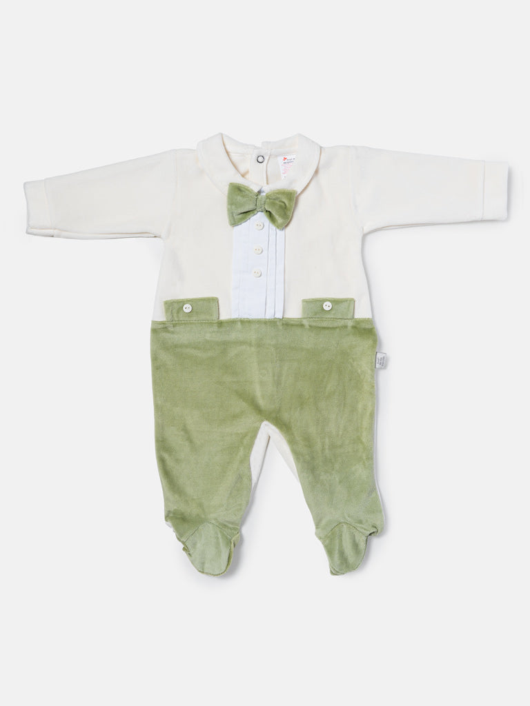 Baby Boy Bow Tie Tuxedo Velour Sleepsuit - Ivory & Green