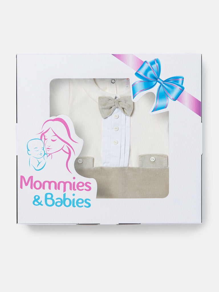 Baby Boy Bow Tie Tuxedo Velour Sleepsuit - Ivory & Grey