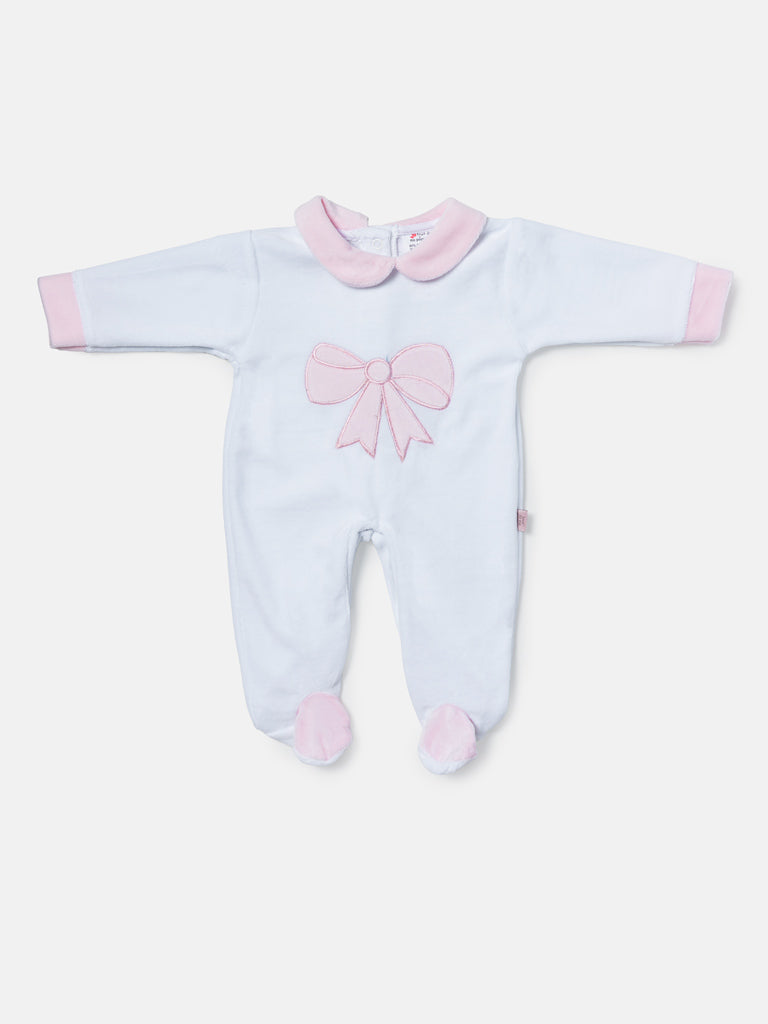 Baby Girl Large Bow Appliqué Velour Sleepsuit - White