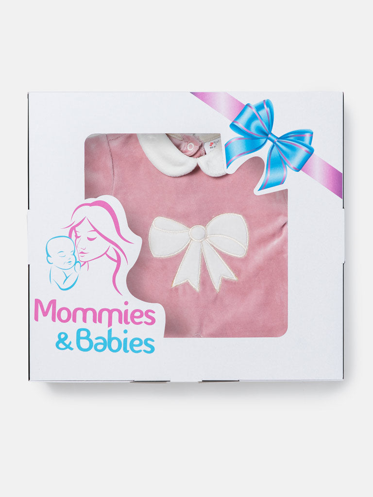 Baby Girl Large Bow Appliqué Velour Sleepsuit - Dusty Pink