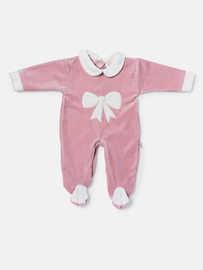 Baby Girl Large Bow Appliqué Velour Sleepsuit - Dusty Pink