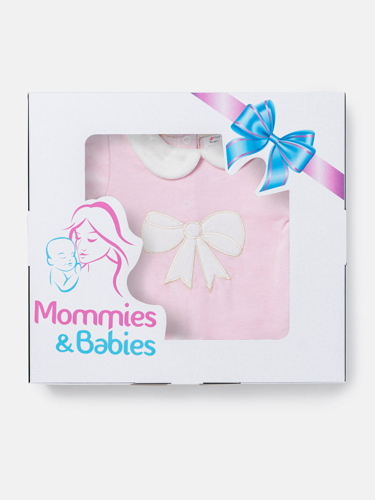 Baby Girl Large Bow Appliqué Velour Sleepsuit - Baby Pink