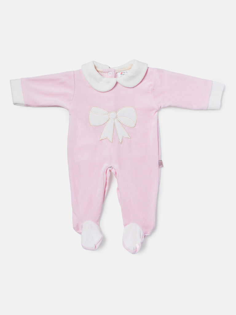 Baby Girl Large Bow Appliqué Velour Sleepsuit - Baby Pink