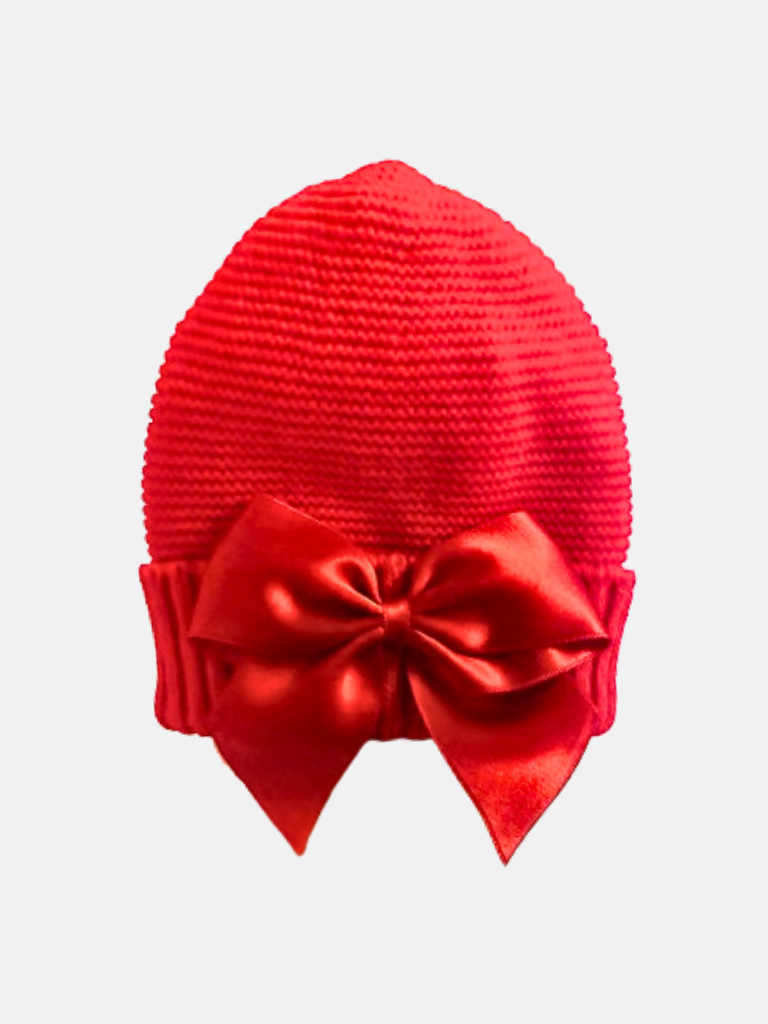 Baby Girl Knitted Red Bow Hat - Red