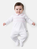 Cotton Baby Grow with Smocked Detail - White & Baby Pink