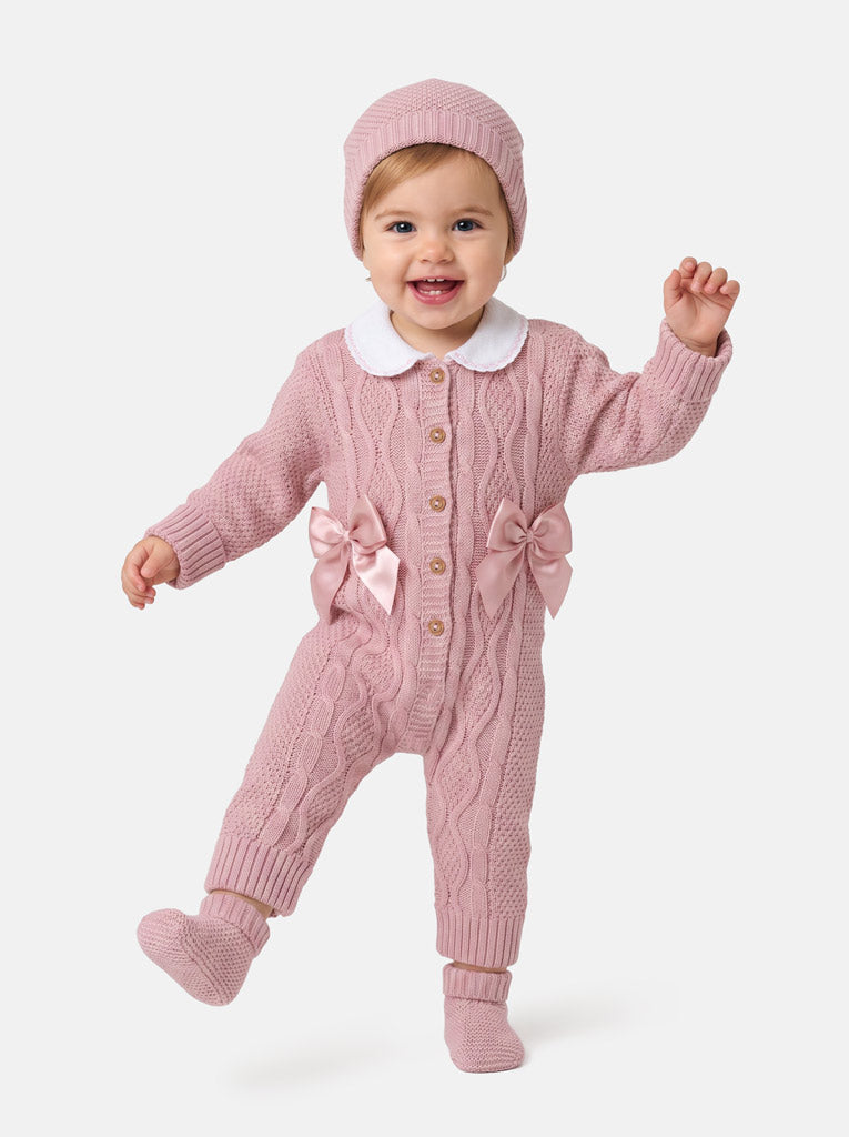 Baby Girl Gabriela Collection All-In-One Knitted 3-Piece Set + Bows - Rose Pink
