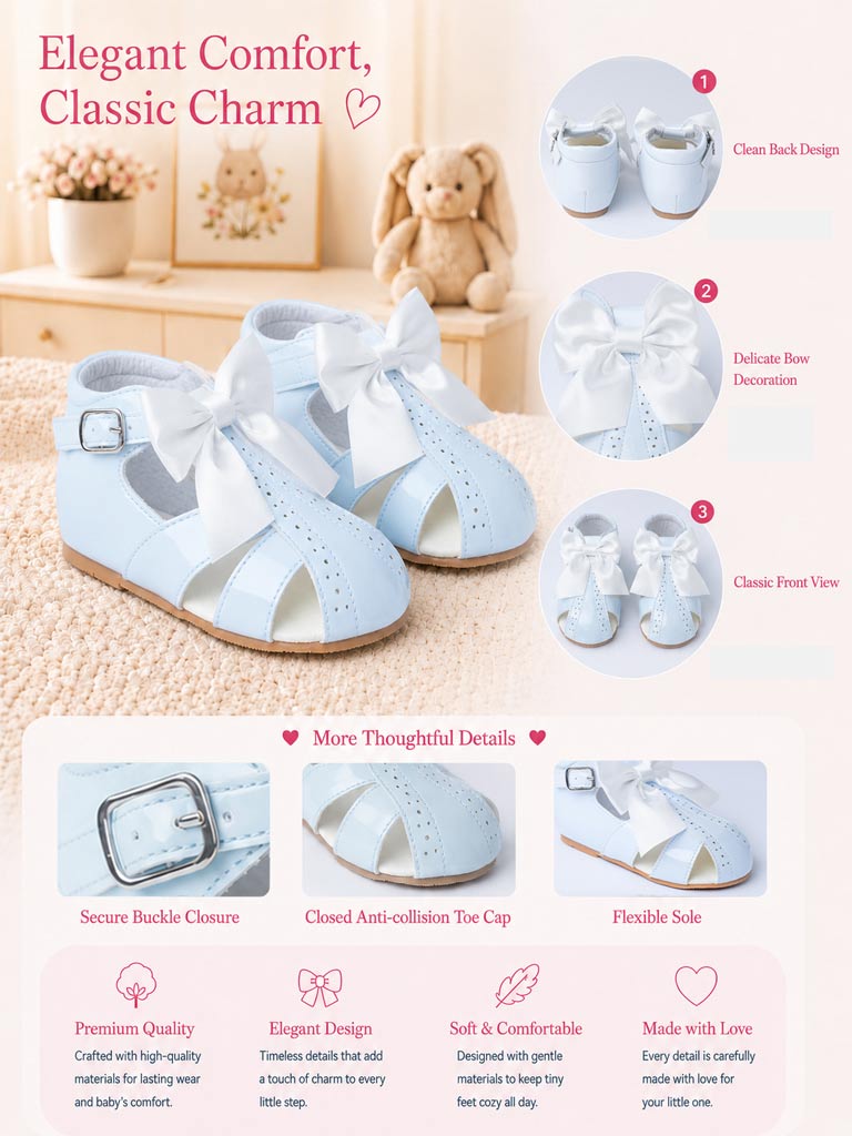Baby Girl M&B Sandals with Detachable Satin Bow - Bluebell White