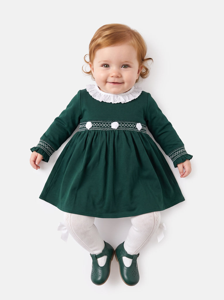 Baby Girl Estela Collection Long Sleeve Smocked Dress - Emerald Green